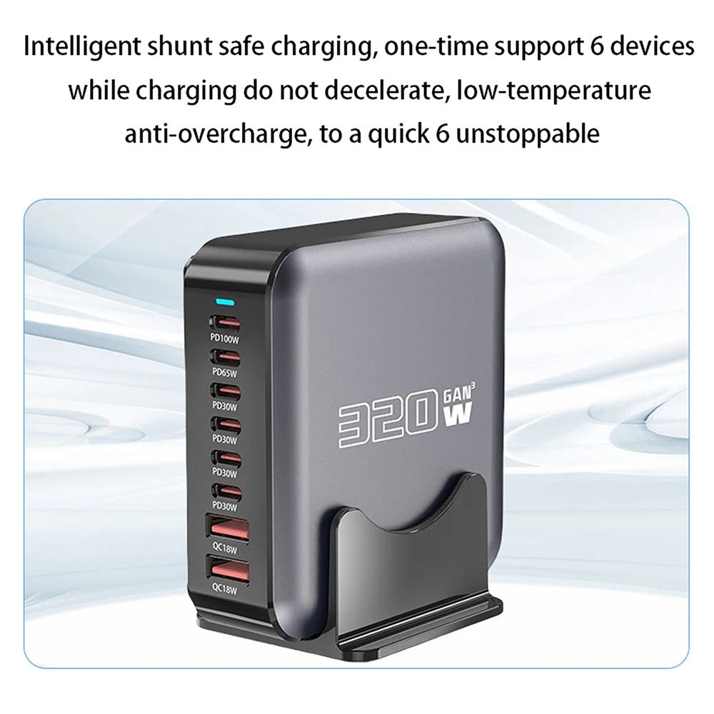 320W GaN Desktop Charger 8 Port Output Fast Charging Station for Phones Tablets Drones