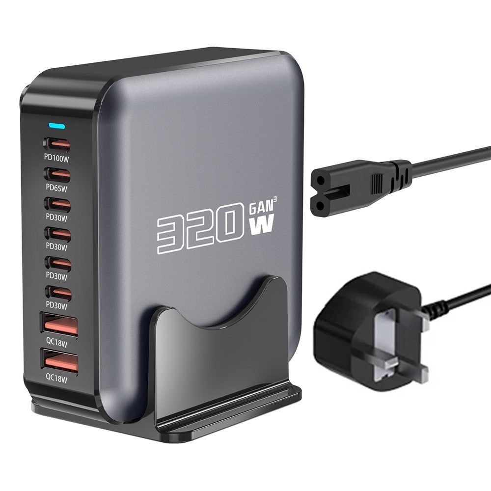320W GaN Desktop Charger 8 Port Output Fast Charging Station for Phones Tablets Drones