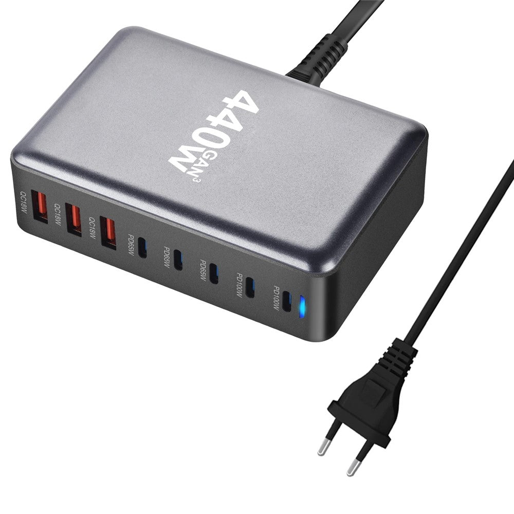 440W GaN bordsladdare 2 x PD 100W + 3 x PD 65W + 3 x QC 18W 8-portars snabbladdningsstation