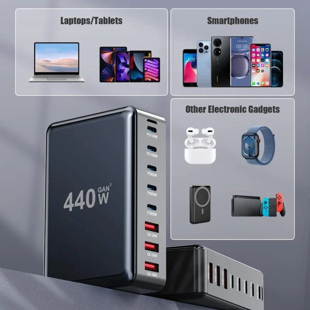 440W GaN bordsladdare 2 x PD 100W + 3 x PD 65W + 3 x QC 18W 8-portars snabbladdningsstation