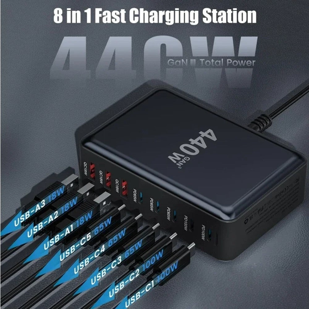 440W GaN bordsladdare 2 x PD 100W + 3 x PD 65W + 3 x QC 18W 8-portars snabbladdningsstation