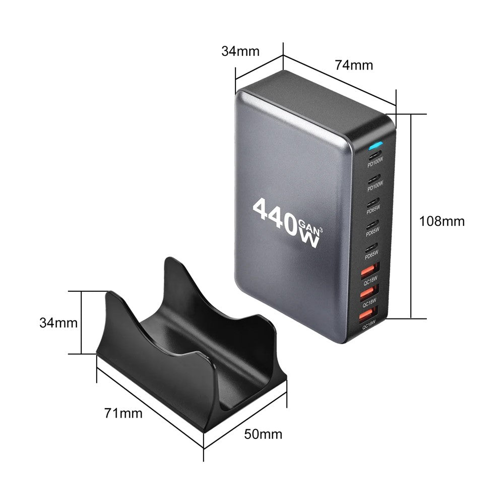 440W GaN bordsladdare 2 x PD 100W + 3 x PD 65W + 3 x QC 18W 8-portars snabbladdningsstation