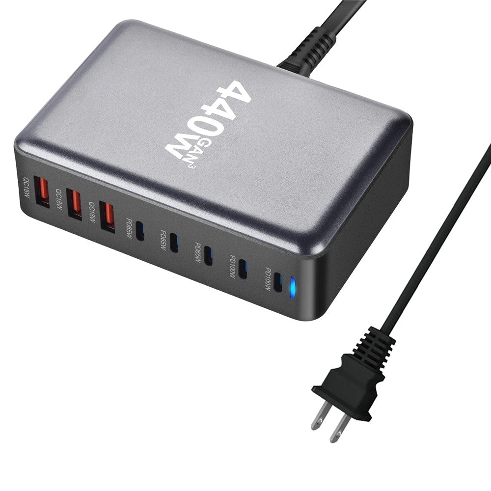 440W GaN bordsladdare 2 x PD 100W + 3 x PD 65W + 3 x QC 18W 8-portars snabbladdningsstation