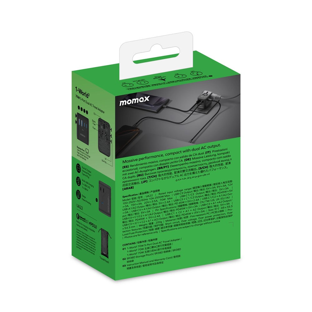 MOMAX 1-World 2 Dubbel AC Mini GaN Global Reseadapter 70W Universal Strömomvandlare Laddare