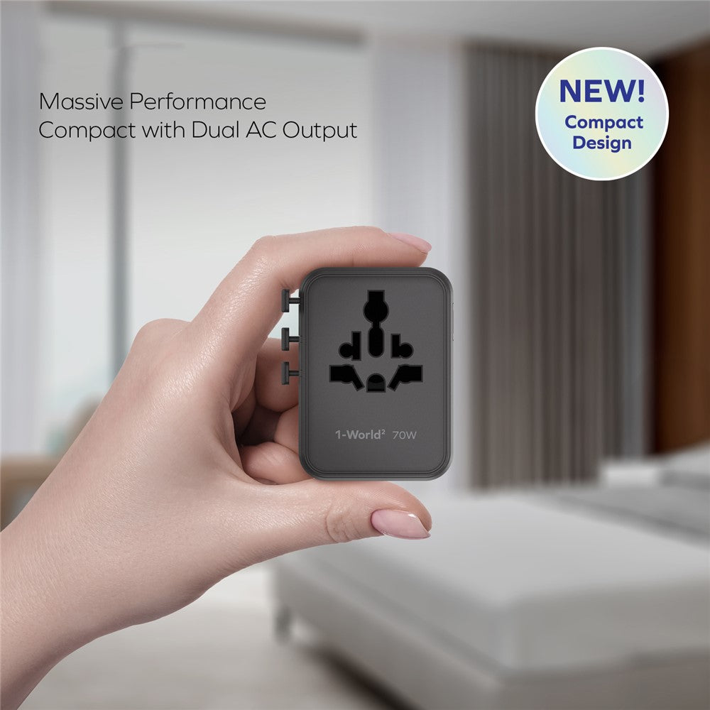MOMAX 1-World 2 Dubbel AC Mini GaN Global Reseadapter 70W Universal Strömomvandlare Laddare