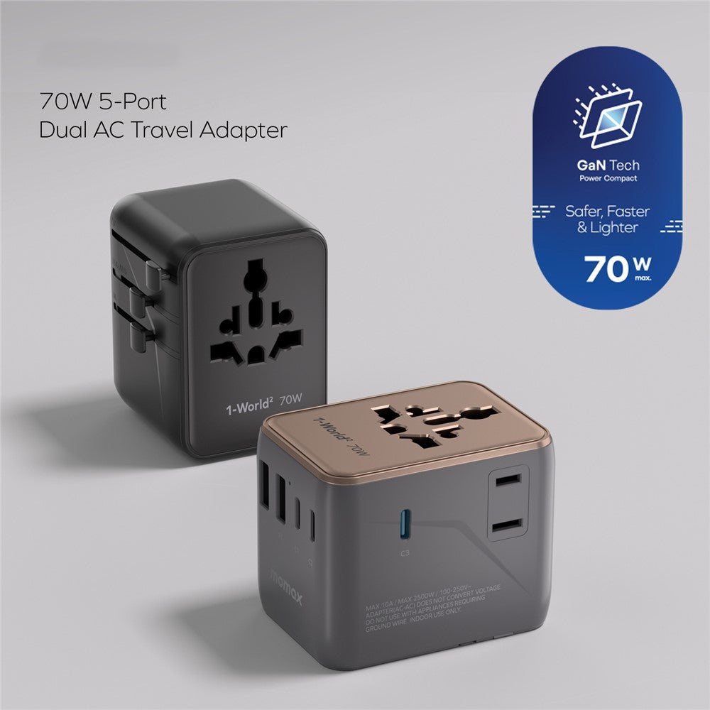 MOMAX 1-World 2 Dubbel AC Mini GaN Global Reseadapter 70W Universal Strömomvandlare Laddare