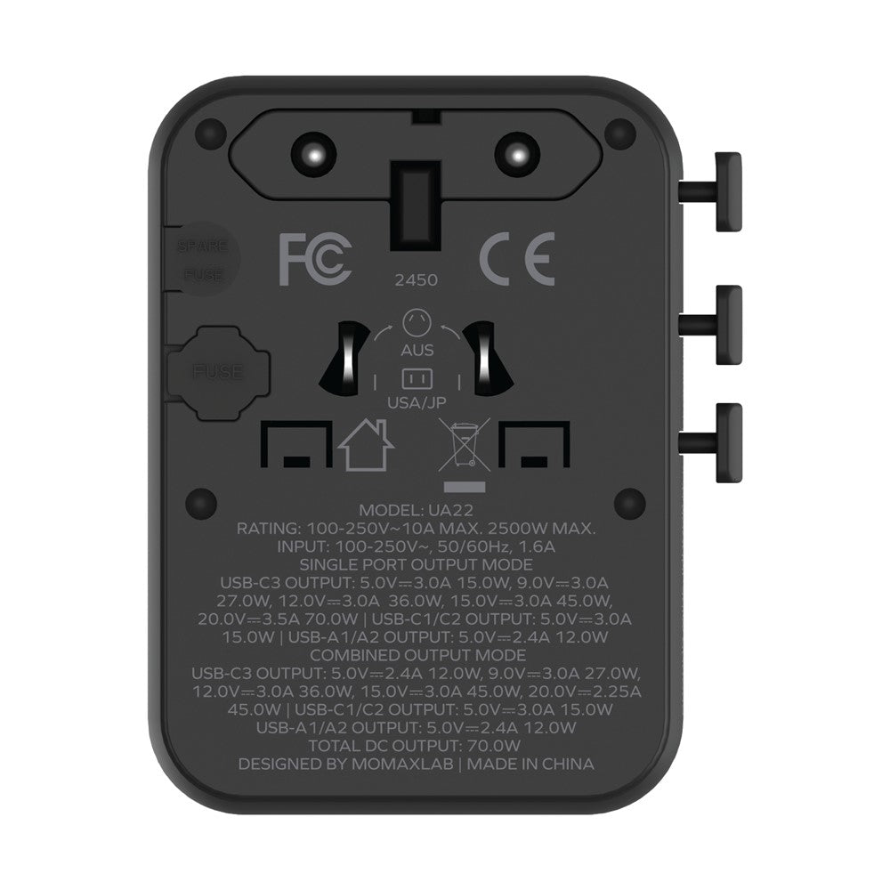 MOMAX 1-World 2 Dubbel AC Mini GaN Global Reseadapter 70W Universal Strömomvandlare Laddare