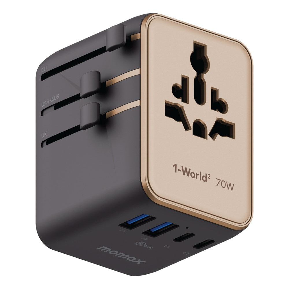 MOMAX 1-World 2 Dubbel AC Mini GaN Global Reseadapter 70W Universal Strömomvandlare Laddare