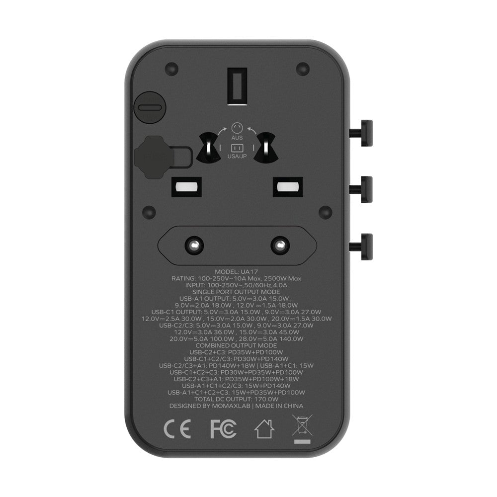 MOMAX 1-World 170W GaN PD Global Travel Wall Charger Fast Charging Adapter with USB-C Cable