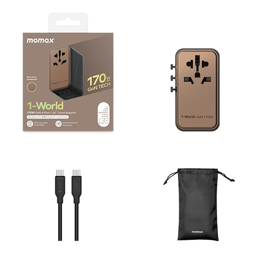 MOMAX 1-World 170W GaN PD Global Travel Wall Charger Fast Charging Adapter with USB-C Cable