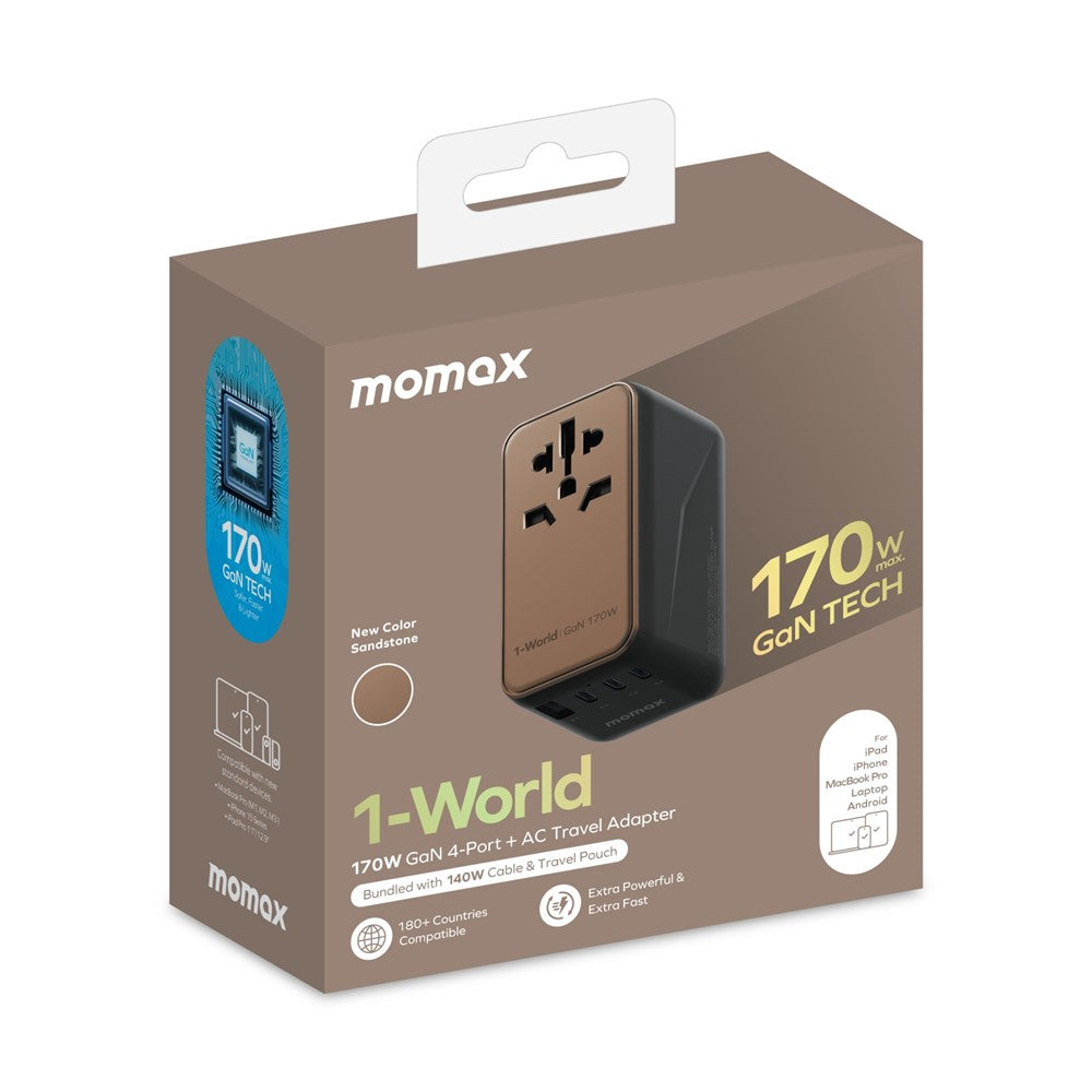 MOMAX 1-World 170W GaN PD Global Travel Wall Charger Fast Charging Adapter with USB-C Cable