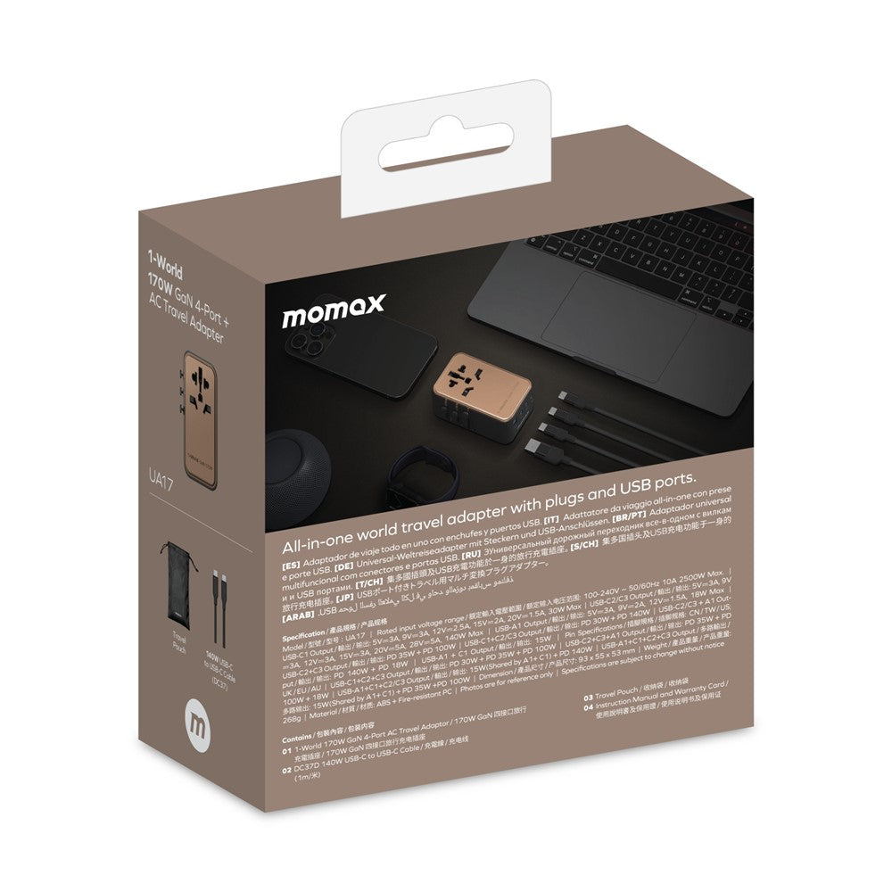 MOMAX 1-World 170W GaN PD Global Travel Wall Charger Fast Charging Adapter with USB-C Cable