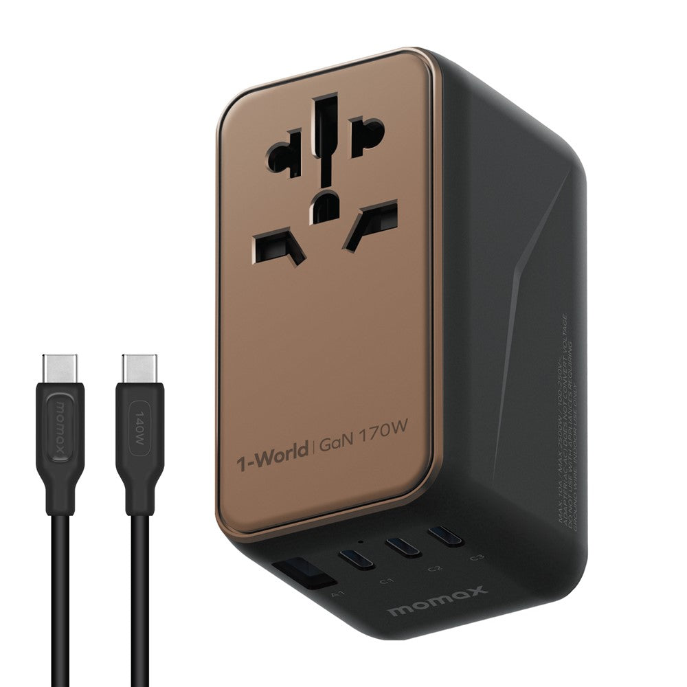MOMAX 1-World 170W GaN PD Global Travel Wall Charger Fast Charging Adapter with USB-C Cable
