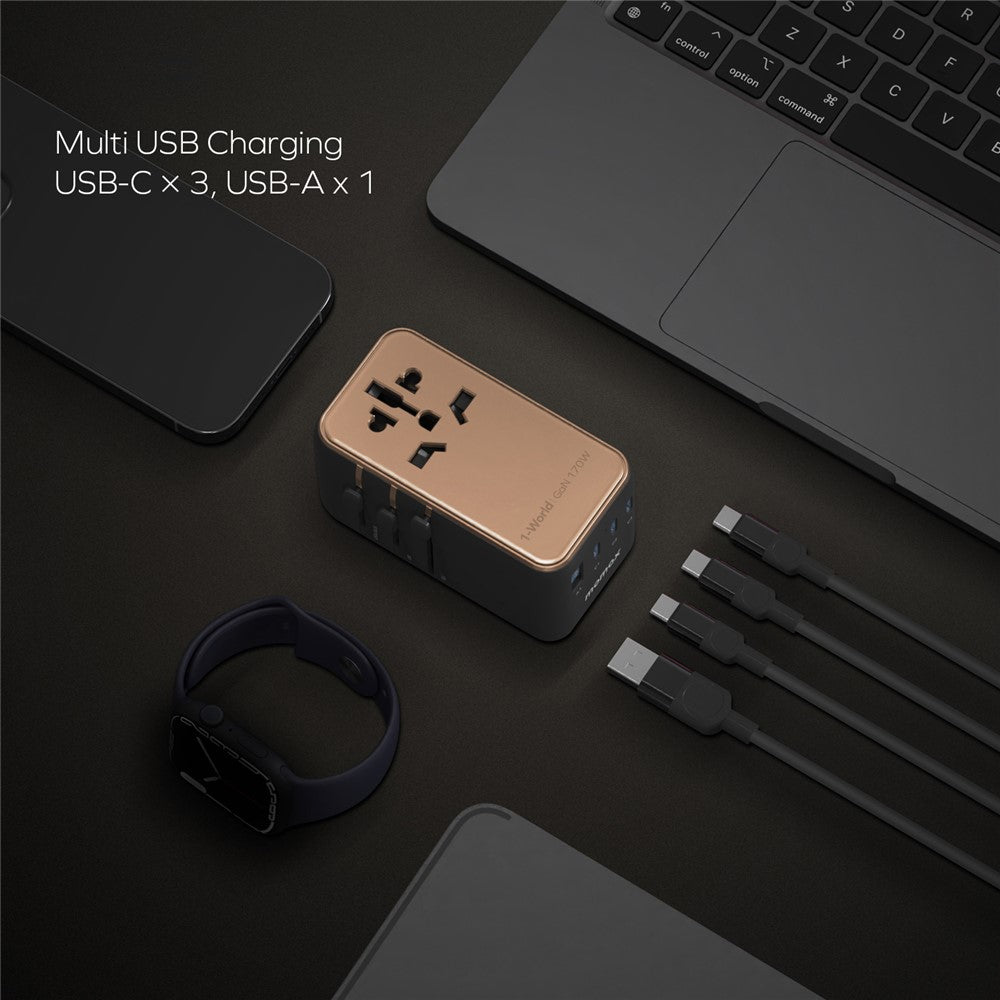 MOMAX 1-World 170W GaN PD Global Travel Wall Charger Fast Charging Adapter with USB-C Cable