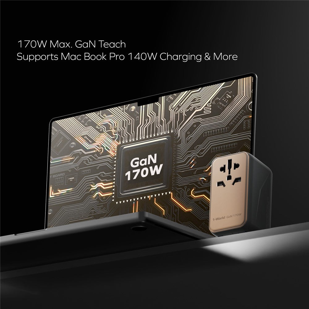 MOMAX 1-World 170W GaN PD Global Travel Wall Charger Fast Charging Adapter with USB-C Cable