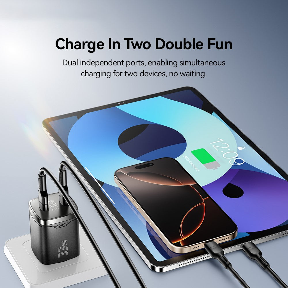 ESSAGER PD 33W GaN Dual Type-C Travel Charger with LED Display Fast Charging Compact Power Adapter
