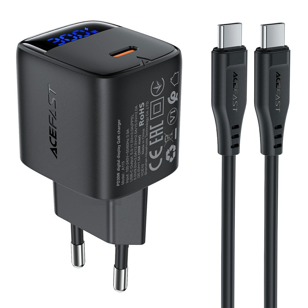 ACEFAST A115 PD 30W GaN USB-C Opladersæt med USB-C-kabel, LED-skærm, Hurtigopladeradapter, EU-stik