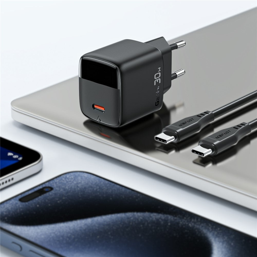 ACEFAST A115 PD 30W GaN USB-C Opladersæt med USB-C-kabel, LED-skærm, Hurtigopladeradapter, EU-stik