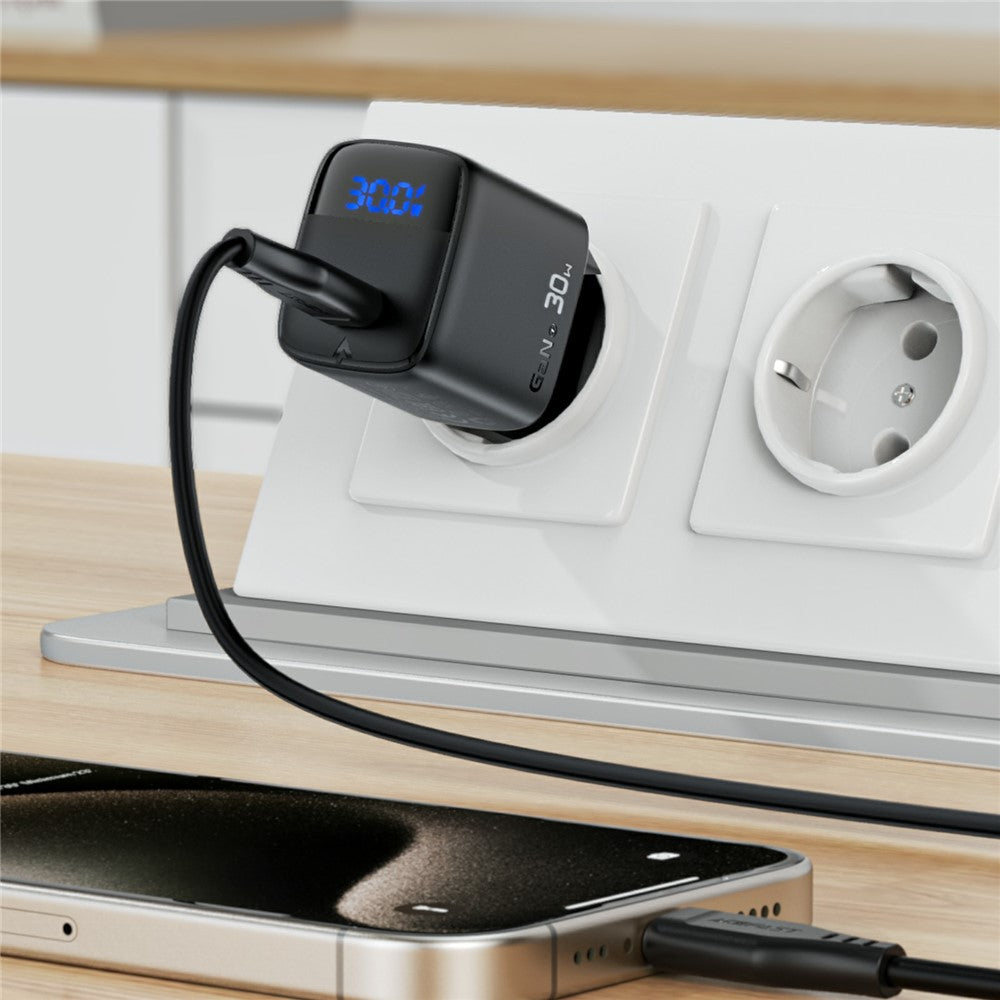 ACEFAST A115 PD 30W GaN USB-C Opladersæt med USB-C-kabel, LED-skærm, Hurtigopladeradapter, EU-stik