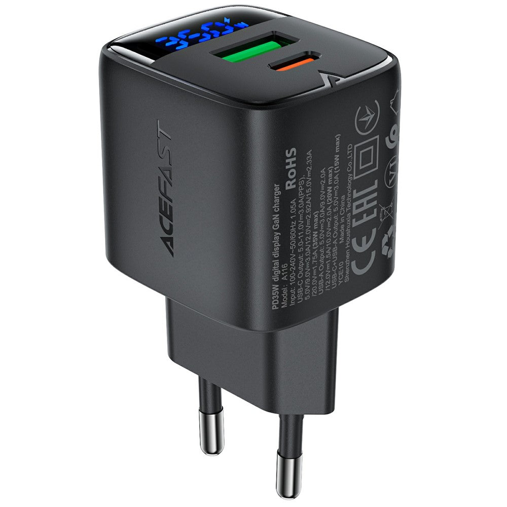 ACEFAST A116 GaN-oplader PD 35W til flere enheder  Dobbeltport USB C og A med LED-display Hurtigopladningsadapter