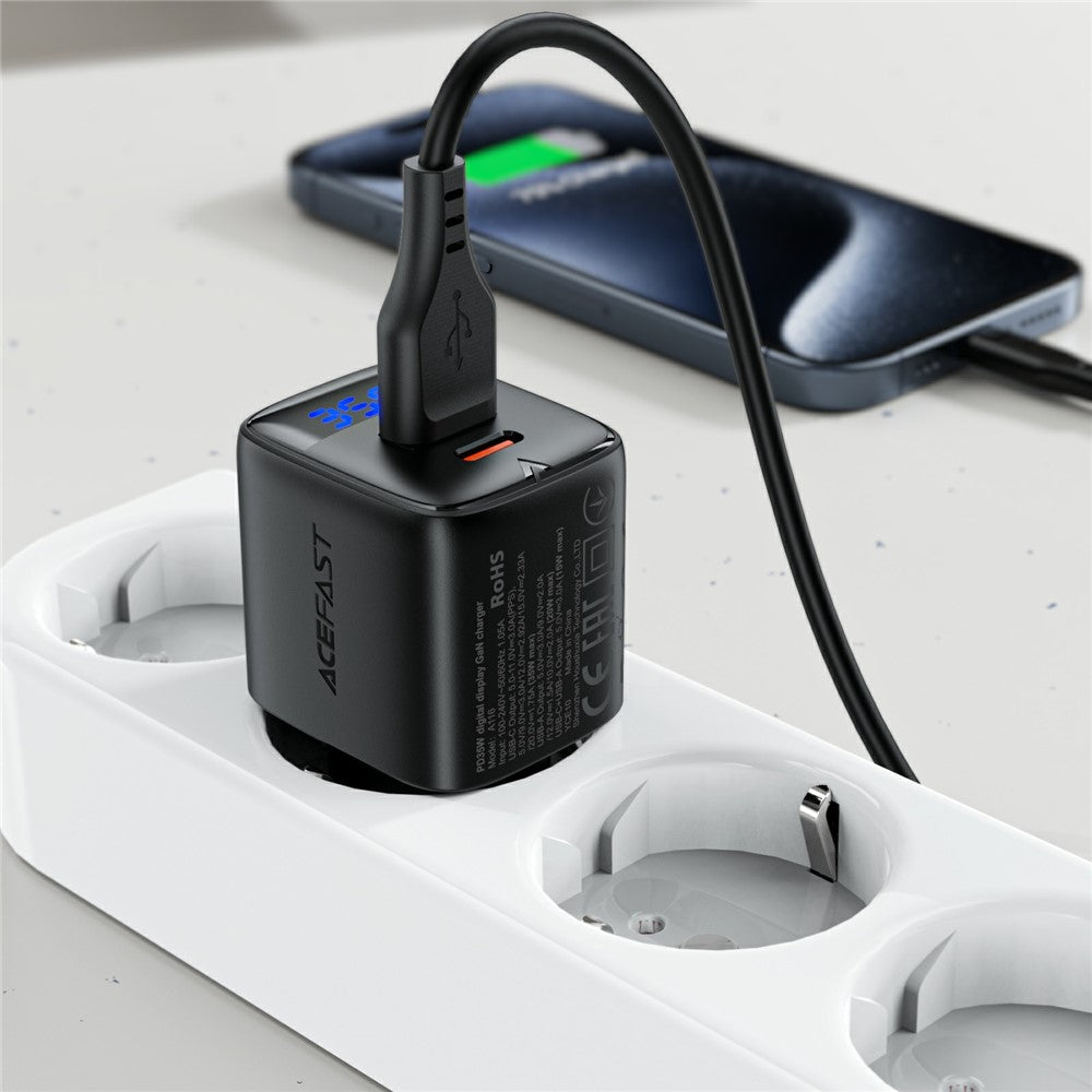 ACEFAST A116 GaN-oplader PD 35W til flere enheder  Dobbeltport USB C og A med LED-display Hurtigopladningsadapter