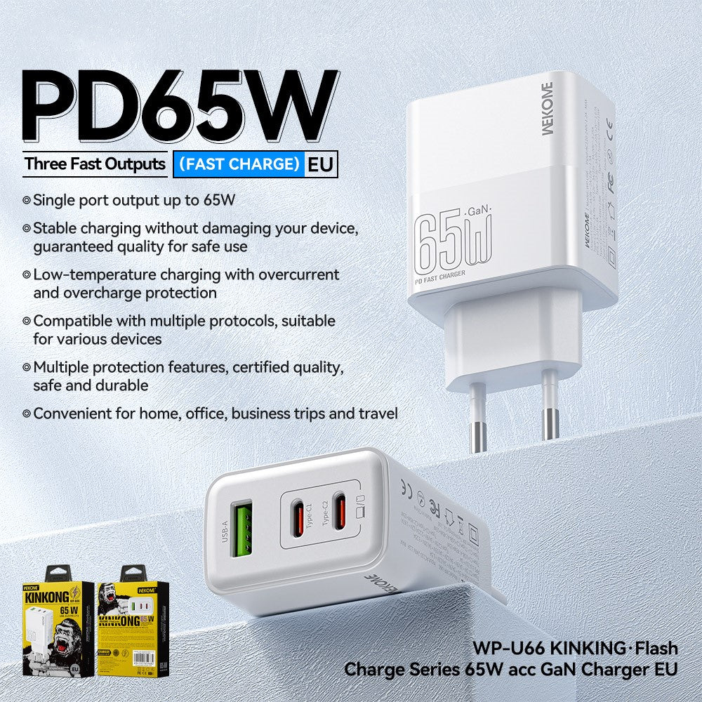 WEKOME WP-U66 PD 65W GaN Charger USB-A + Dual Type-C Ports Fast Charging Adapter