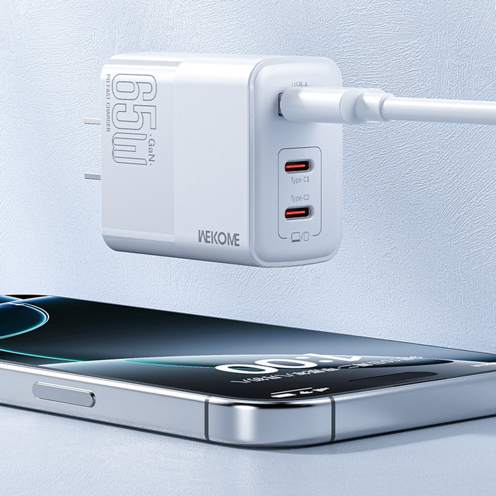 WEKOME WP-U66 PD 65W GaN Oplader USB-A + Dobbelte Type-C Porte Hurtig Opladningsadapter