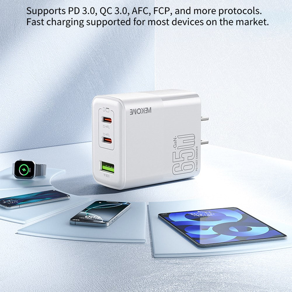 WEKOME WP-U66 PD 65W GaN Oplader USB-A + Dobbelte Type-C Porte Hurtig Opladningsadapter