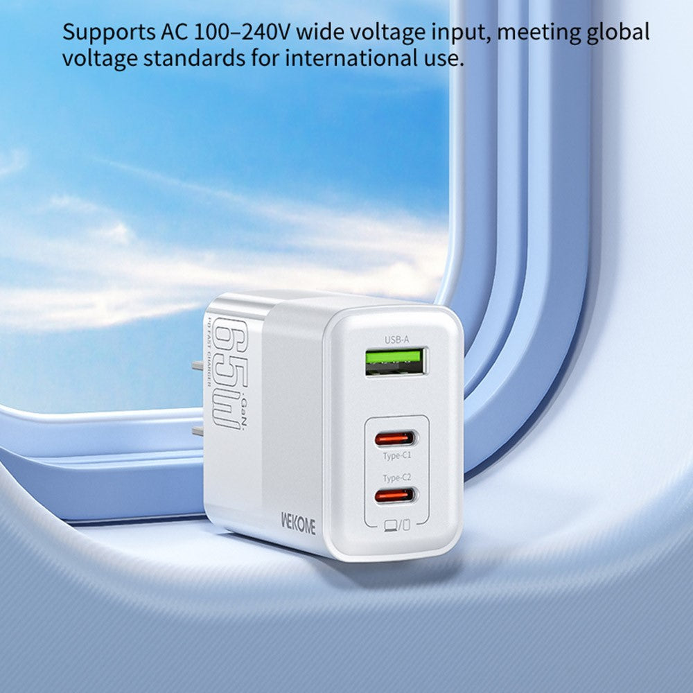 WEKOME WP-U66 PD 65W GaN Oplader USB-A + Dobbelte Type-C Porte Hurtig Opladningsadapter