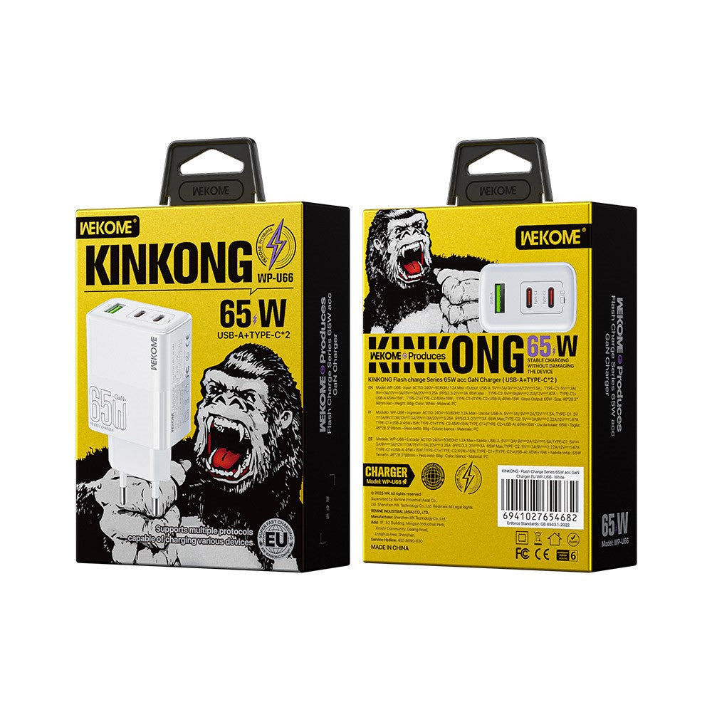 WEKOME WP-U66 PD 65W GaN Oplader USB-A + Dobbelte Type-C Porte Hurtig Opladningsadapter