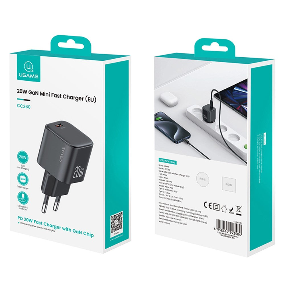 USAMS CC260 20W GaN Fast Charger Mini Power Adapter Type-C Port for Quick Charging