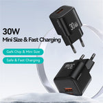 USAMS CC263 30W GaN Oplader Dobbelt Port USB-C + USB-A Hurtigopladende Miniadapter til Rejse / Hjemmebrug