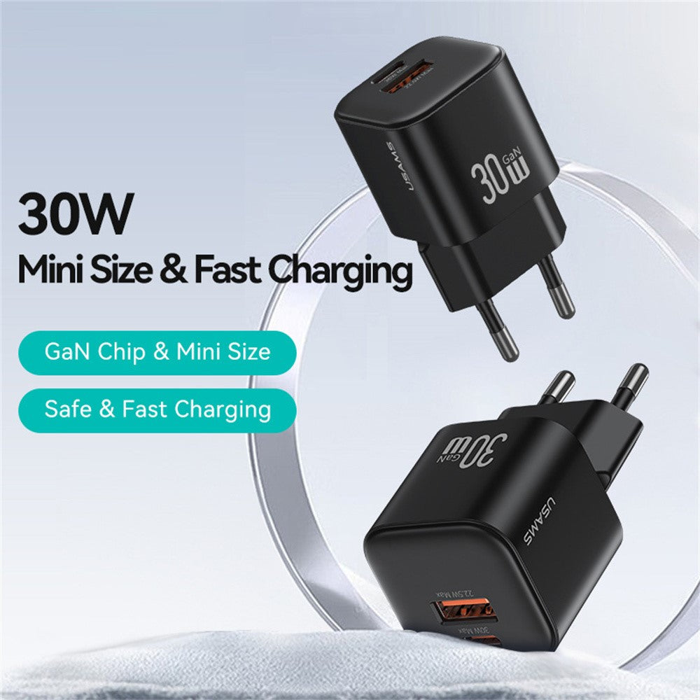 USAMS CC263 30W GaN Charger Dual Port USB-C + USB-A Fast Charging Mini Adapter for Travel / Home Use