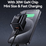 USAMS CC263 30W GaN Oplader Dobbelt Port USB-C + USB-A Hurtigopladende Miniadapter til Rejse / Hjemmebrug