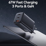 USAMS CC265 67W GaN Charger Fast Charging 3-Port USB Power Adapter