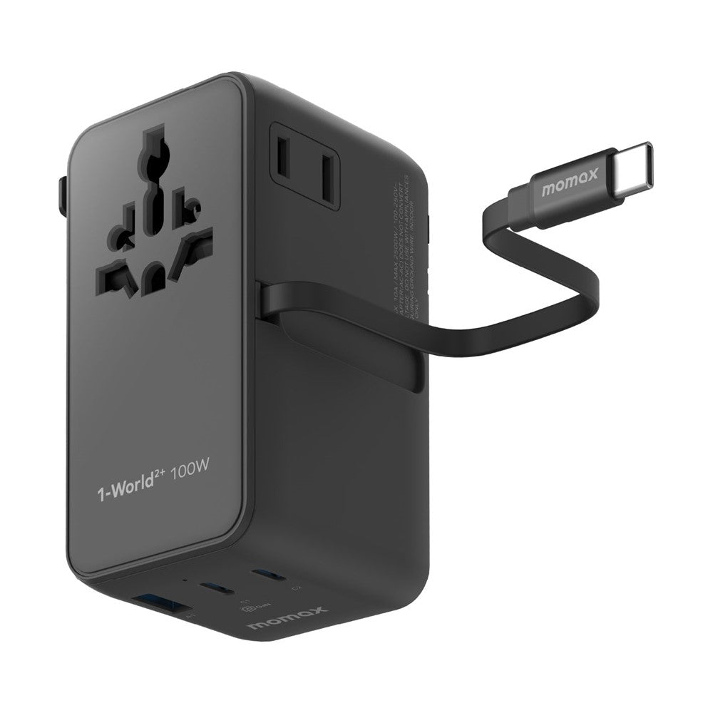 MOMAX 1-World 2 GaN Global Travel Adapter 100W International Wall Charger with Built-In Cable