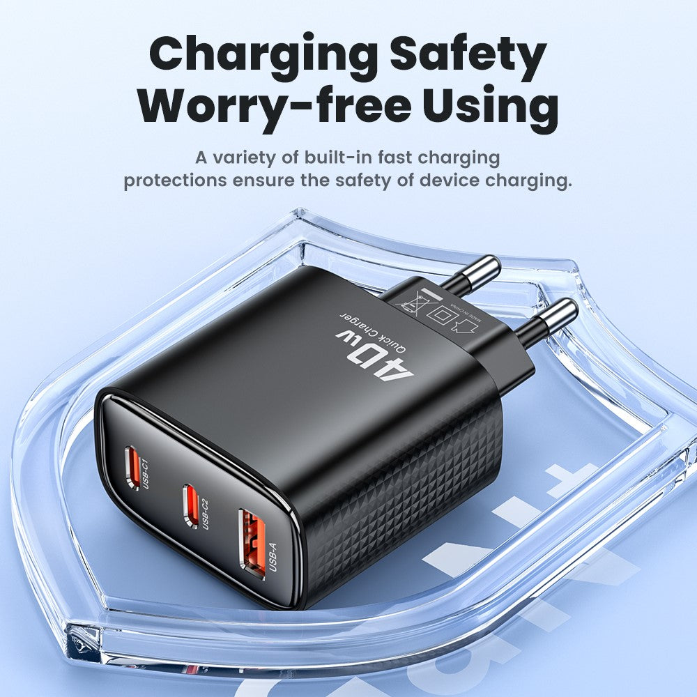 TOOCKI TCT40 40W Wall Charger 2C1A Fast Charging Multi-Port USB Power Adapter