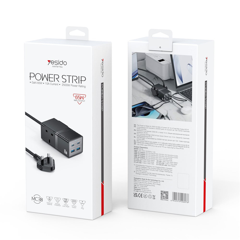 YESIDO MC38 65W GaN Power Strip USB-C USB-A Fast Charger Multi Device Charging Station