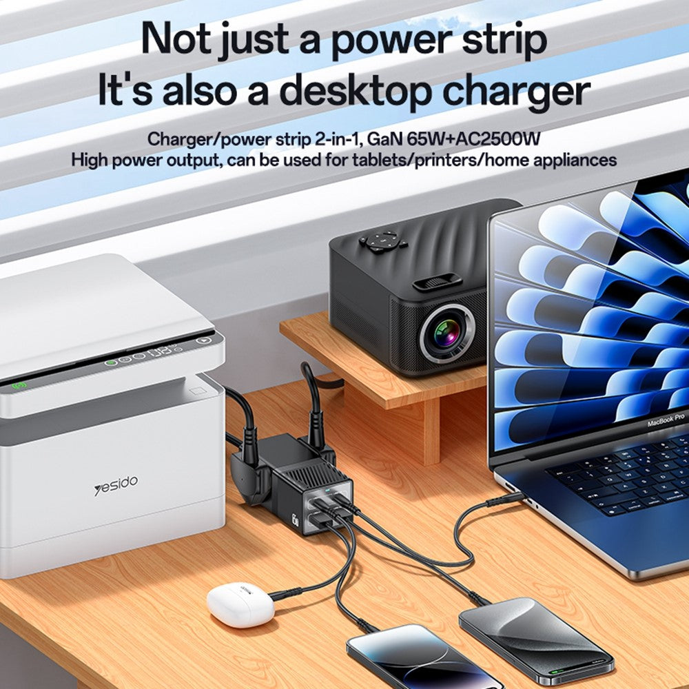 YESIDO MC38 65W GaN Power Strip USB-C USB-A Fast Charger Multi Device Charging Station
