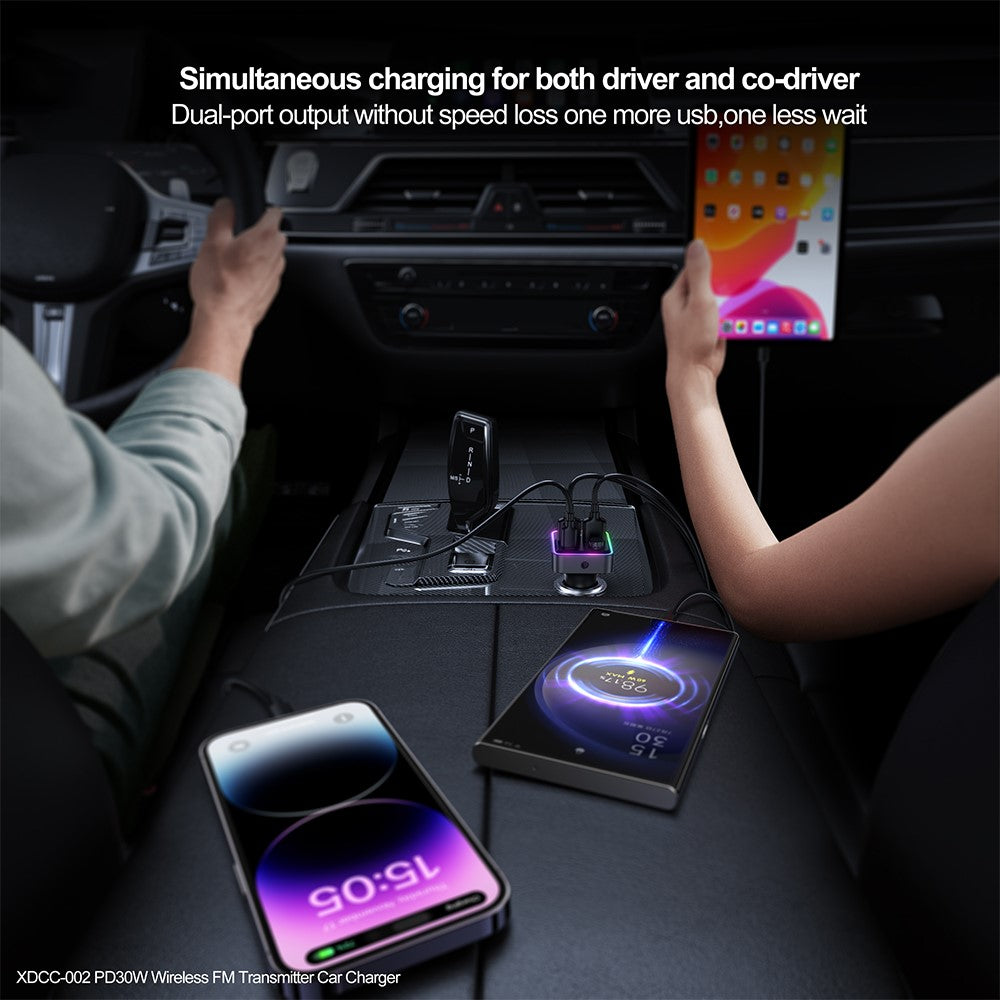 XUNDD XDCC-002 Car FM Transmitter PD 30W Type-C Dual USB Ports Charger Hands-Free Calling Adapter