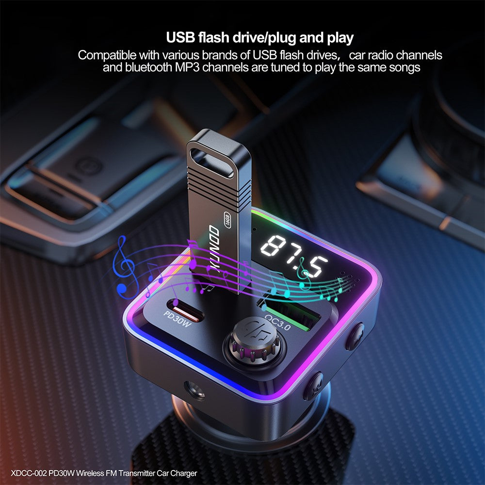 XUNDD XDCC-002 Car FM Transmitter PD 30W Type-C Dual USB Ports Charger Hands-Free Calling Adapter