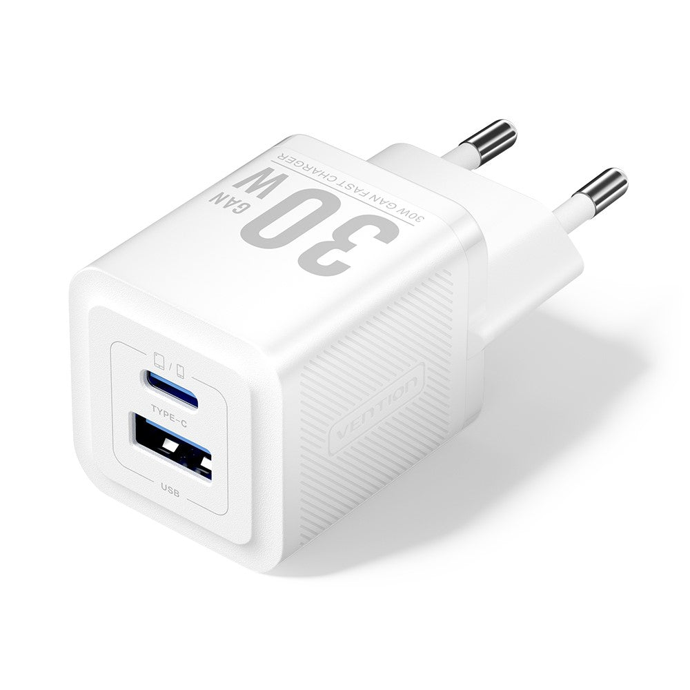VENTION FEQ-serien GaN-oplader USB A + USB C dobbeltporte 30W hurtigopladningsadapter, EU-stik