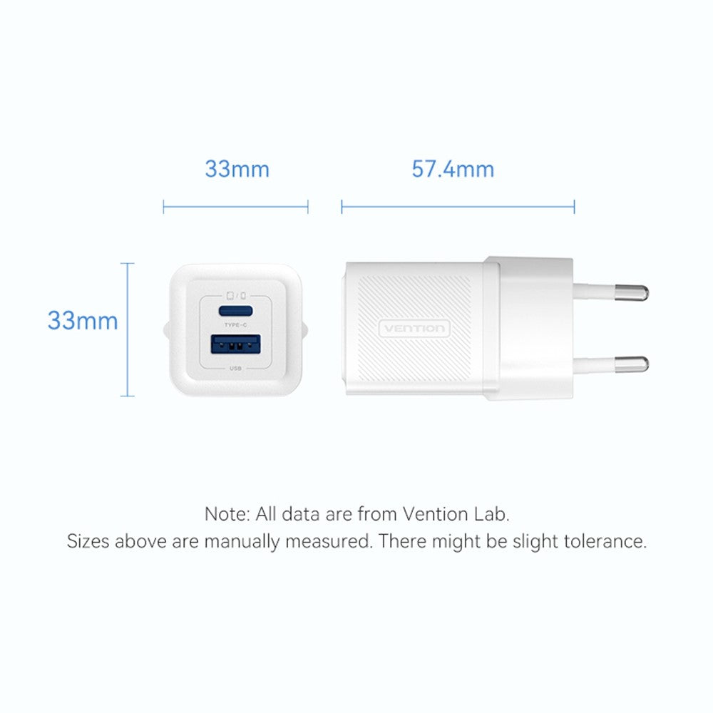 VENTION FEQ Series GaN Oplader USB A + USB C Dobbeltporte 30W Hurtigopladningsadapter, EU Stik