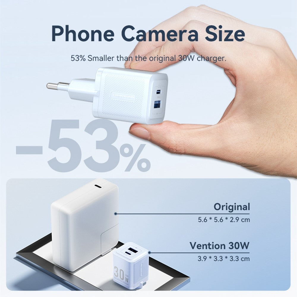 VENTION FEQ Series GaN Oplader USB A + USB C Dobbeltporte 30W Hurtigopladningsadapter, EU Stik