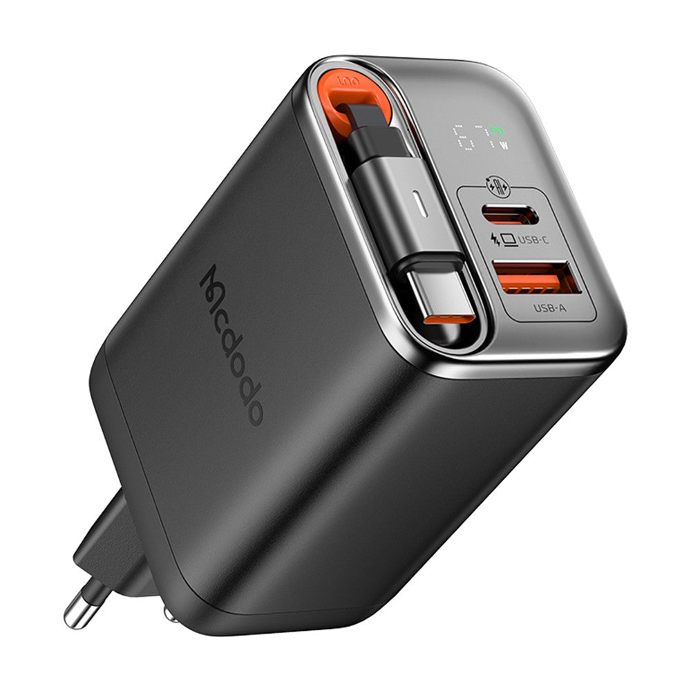 MCDODO CH-410 FreeGo 67W GaN-oplader USB-C USB-A strømadapter med indbygget udtrækkeligt kabel, EU-stik