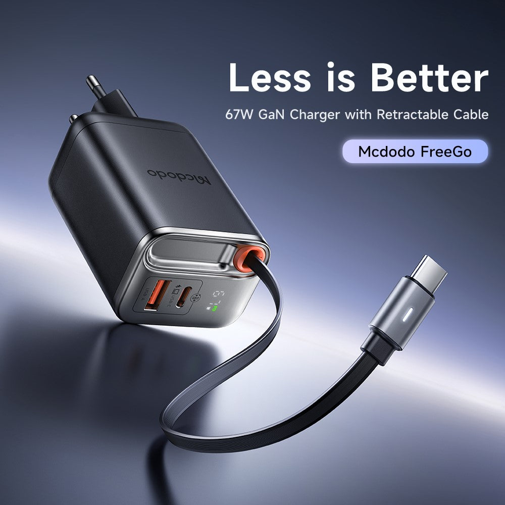 MCDODO CH-410 FreeGo 67W GaN-oplader USB-C USB-A strømadapter med indbygget udtrækkeligt kabel, EU-stik