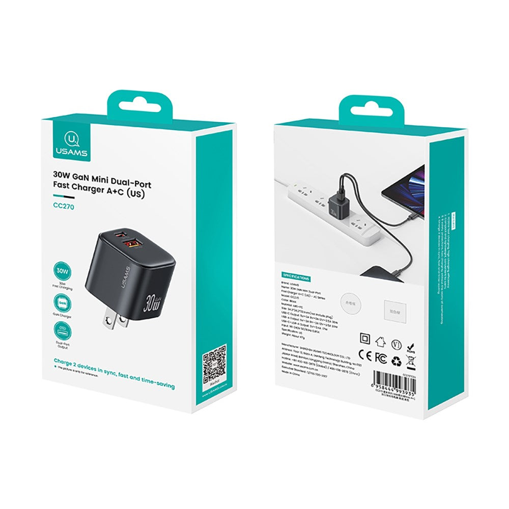 USAMS CC270 30W GaN Mini Dual Port Fast Charger USB-A + Type-C Power Adapter, US Plug