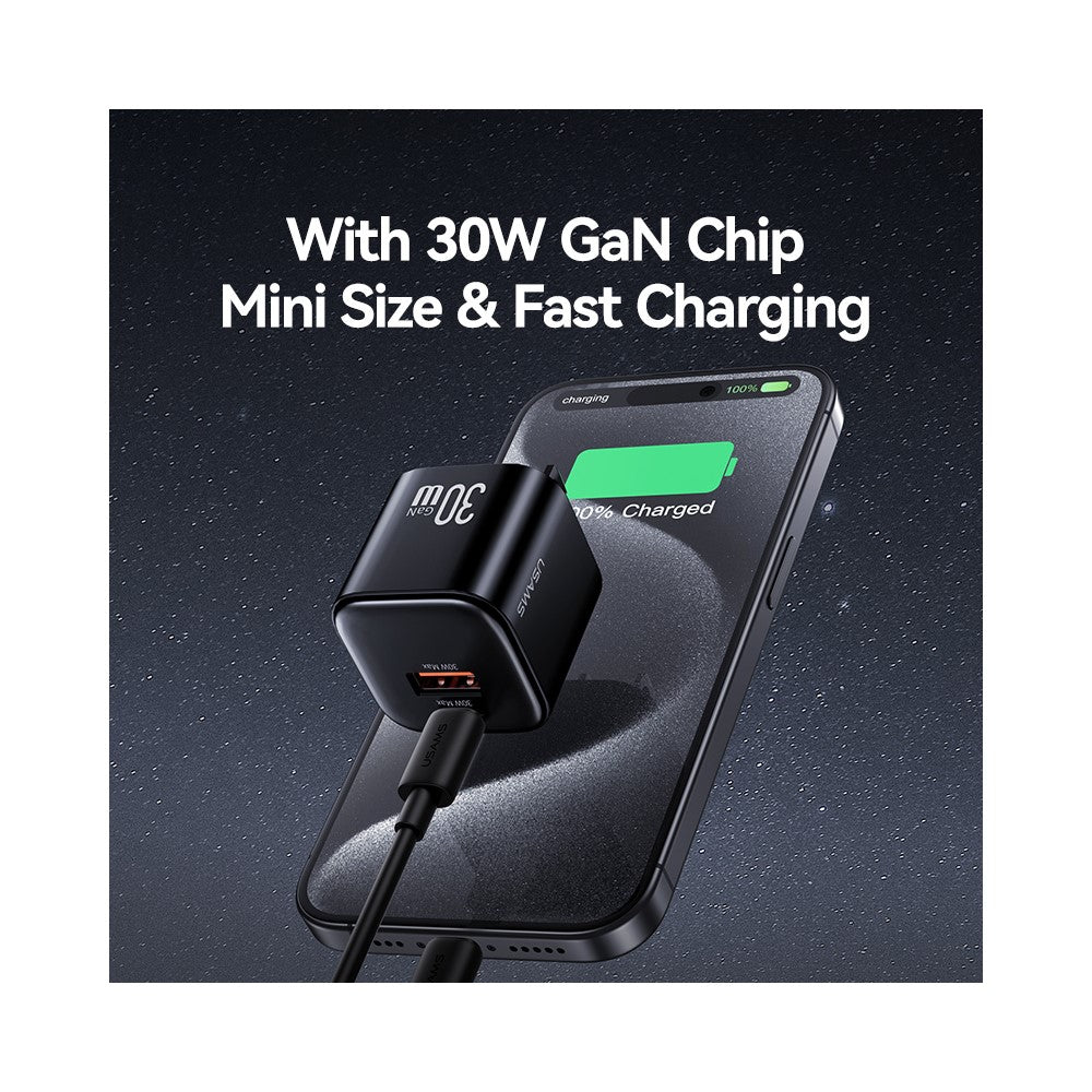 USAMS CC270 30W GaN Mini Dual Port Fast Charger USB-A + Type-C Power Adapter, US Plug