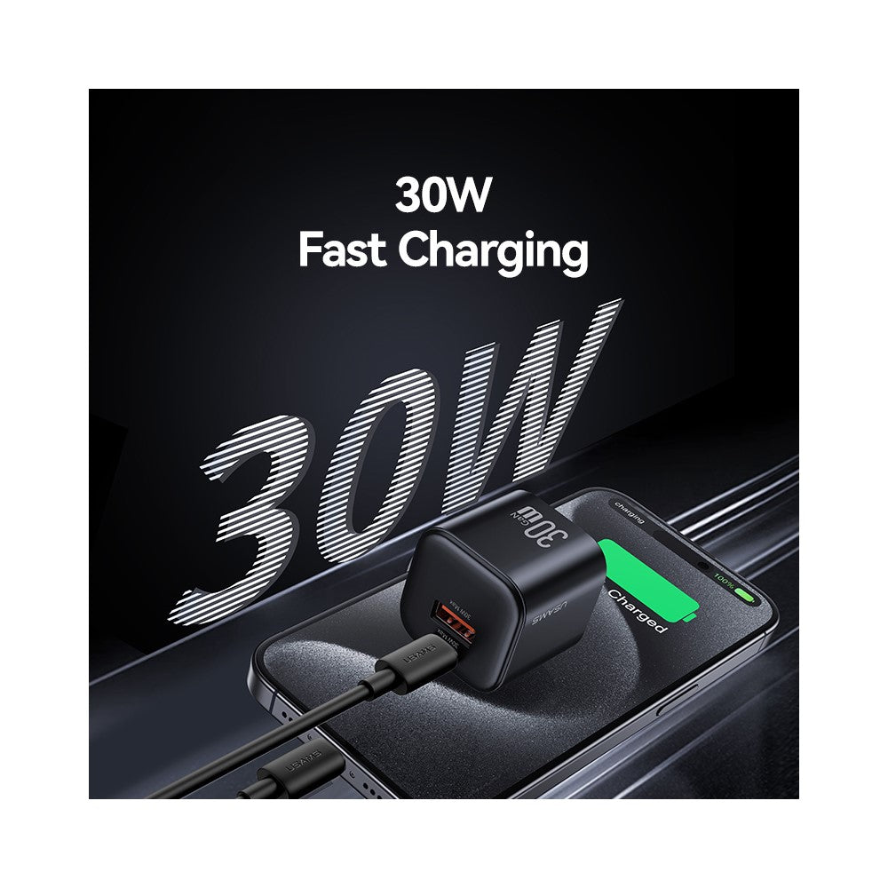 USAMS CC270 30W GaN Mini Dual Port Fast Charger USB-A + Type-C Power Adapter, US Plug
