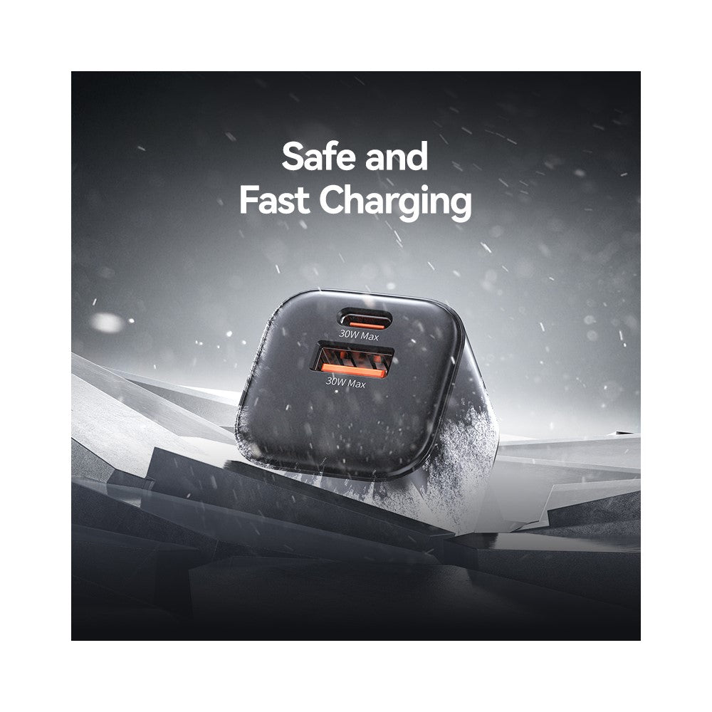 USAMS CC270 30W GaN Mini Dual Port Fast Charger USB-A + Type-C Power Adapter, US Plug